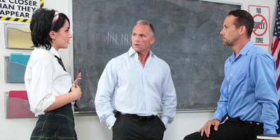 2 big dicks ravage Allora Ashlyn's teeny pussy in the classroom