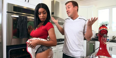 A black housewife with big breasts gets her first taste of a white cock