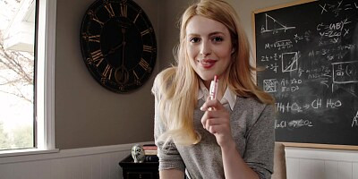 After stydying for exams for a while, blonde schoolgirl felt like having sex with her teacher