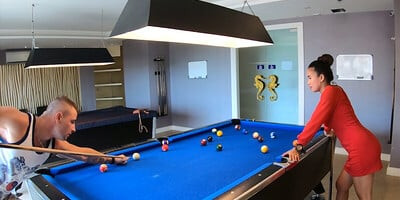 Amateur couple playing pool and having passionate sex afterwards