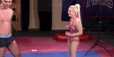 Blond Mistress kicking and punching loser slave