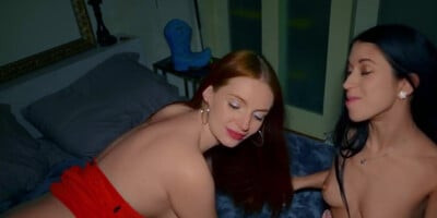Brunette and bestie with red hair enjoy midnight threesome sex