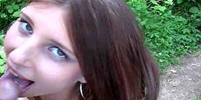 busty euro babe Simona giving a bj outside