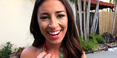 Cute brunette in pink dress gives dude a deep blowjob