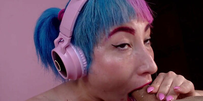 Cute girl jerks and deepthroats big oily cock