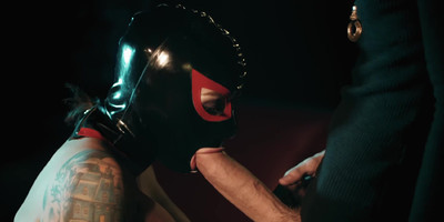 Danny D gets blowjob from a busty slut in latex hood and finshets & fucks her