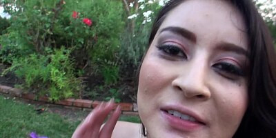 Dark haired porno slut gets nailed in the backyard by her lover