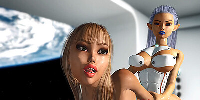 Earth orbit. Sci-fi sex android plays with hot young blonde