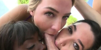 Ebony and two white vixens are treating the dude with a messy oral pleasuring POV style