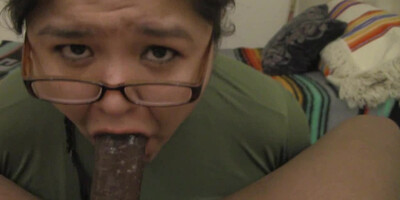 Fat nerdy girl gags on mammoth black dick