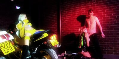 Fishnet stockings clad biker sluts have wild ogry outside a club
