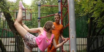 Flexible skinny young cutie with big breasts fucks in weird positions