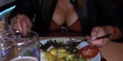 Footjob under table in public restaurant (no cum)