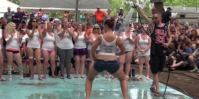 Great amateur Wet T-Shirt Contest outdoors by the pool