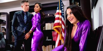 Handsome boss is drilling two phenomenal cunnies in his office