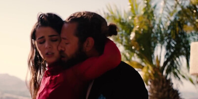 Handsome stallion has his petite lover riding him outdoor