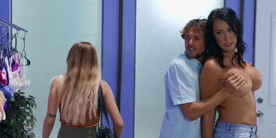 Her amazing big melons makes him horny at his work place!