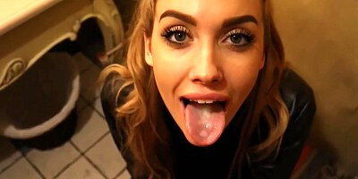 Hot euro babe blowjob in public bathroom
