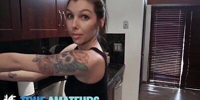 Inked chick with an innocent face is sucking a pretty big dick