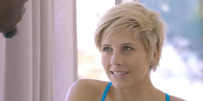 Makenna Blue flirts with tall muscled fitness instructor