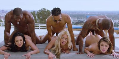 Massive black dicks are shafting three depraved chicks in an interracial group banging