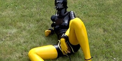 Masturbate With Inflatable Dildo In Latex Catsuit