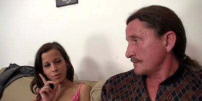 Old couple and petite teen girl have fun together