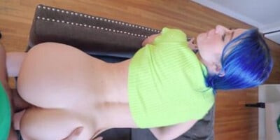 POV blue-haired takes the huge schlong up her freshly shaved pussy