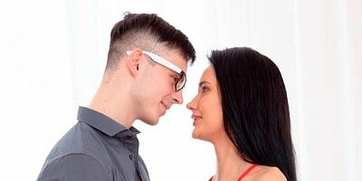 Raven-haired babe in a red dress Megan Venturi screwed by her boss