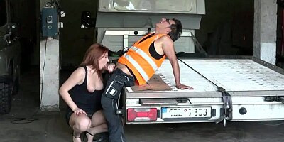 Sensual redhead girl Eva Berger demonstrates her skills for a worker
