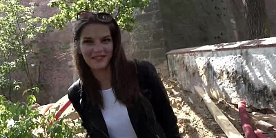 Shy teen brunette seems to like to suck dick in a local forest, during the day