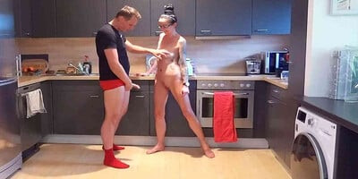 Skinny German Mom caught naked in kitchen and Seduced to Fuck