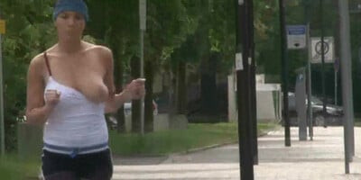 Softcore workout video with big naturals babe flashing outdoor