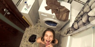 Stepsister gets some sperm on face in the bathroom PARENTS ARE NEARBY!