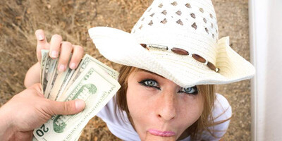 Stranded blond hair girl cowgirl blowing chopper for money