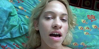 Sweet blonde babe is sucking a throbbing dick in her apartment and moaning with her partner