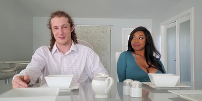 Tanned brunette gets pussy stuffed with a white cock