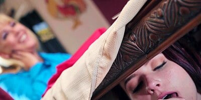 Teens blowjob under the table followed by hard fuck in the kitchen