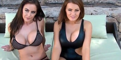 Two attractive big tit Dominas in hot bikinis talking dirty to the cam