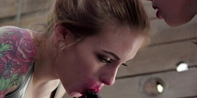 Two bitches are sharing a dildo that is rammed into their cunts