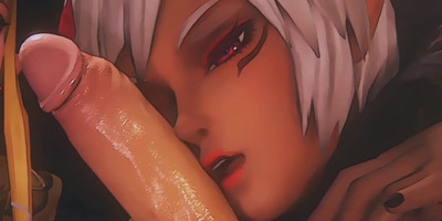 Two horny 3D babes blowing big cock in threesome sex