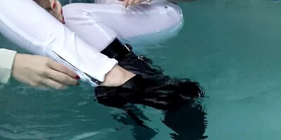 Wetlook swim in white clothes and boots